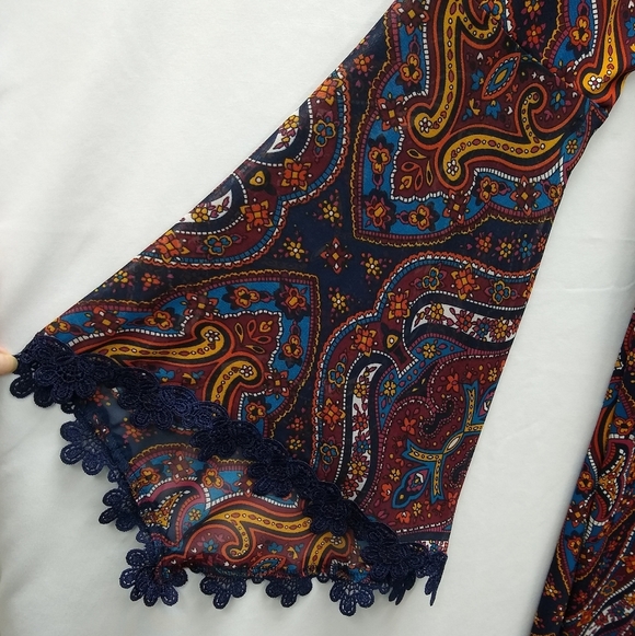 Women's MSK Bohemian Blue Paisley Bell Sleeve V-neck Dress Sz LG - Picture 5 of 9